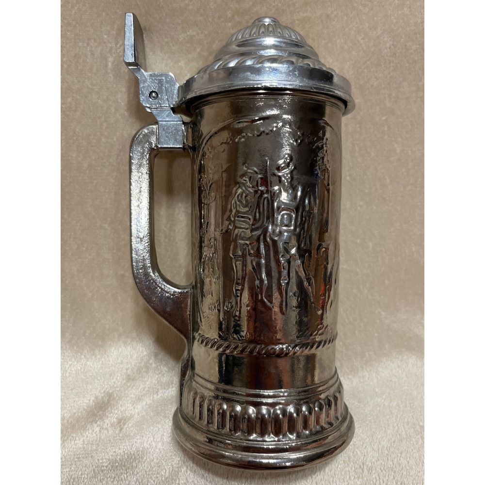 Vintage Avon Silver Plated Glass Beer Stein with Lid Tavern Scene Collectible